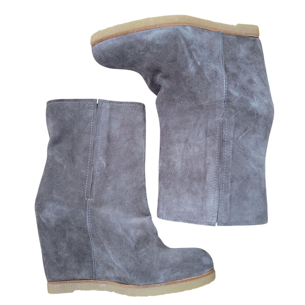 Stuart Weitzman Bootscout Seal Gray Suede Wedge Chelsea Boots 8M Hidden Heel‎